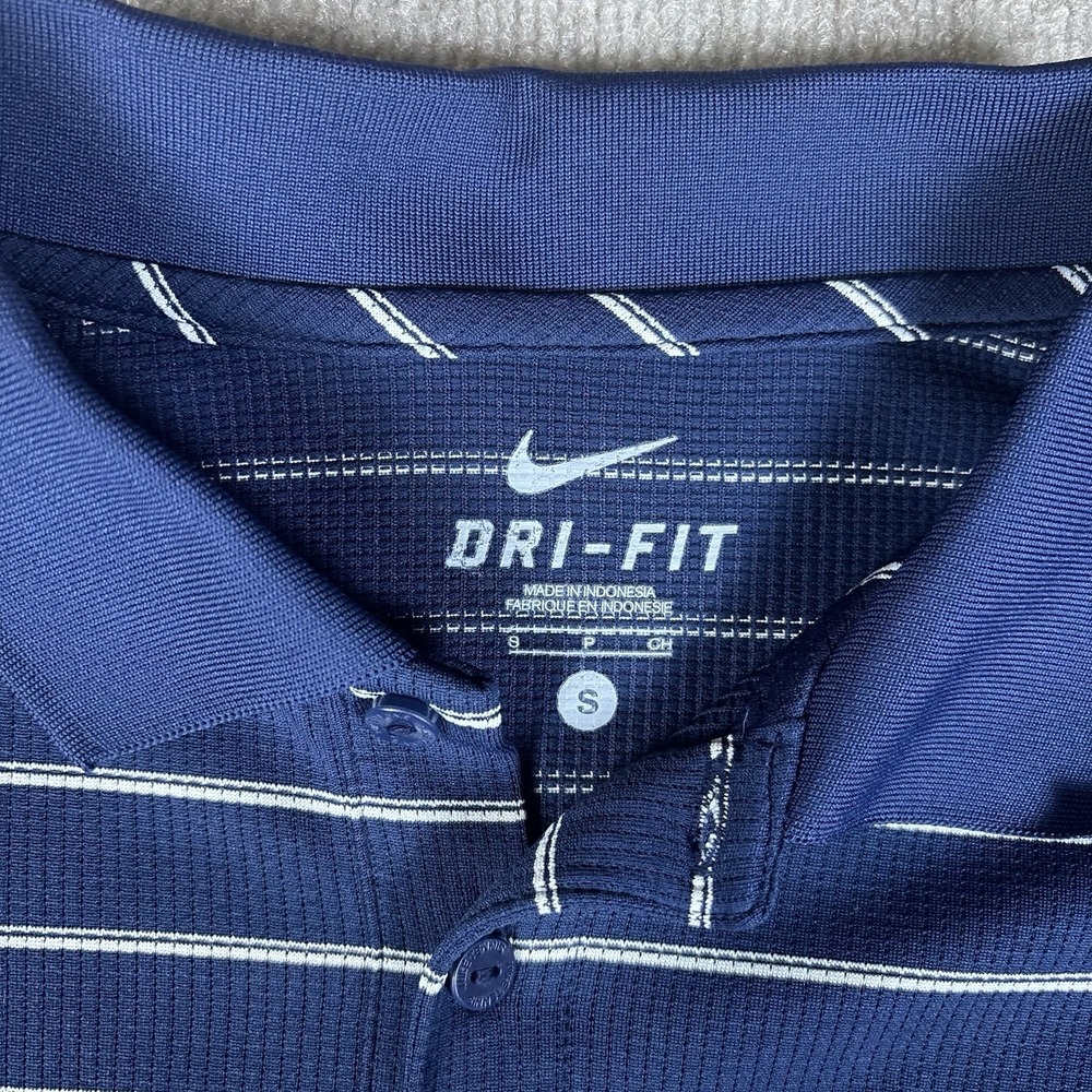 Nike Dri-FIT Polo Shirt Men's Small Navy Blue White Striped Golf Swoosh - Picture 10 of 10